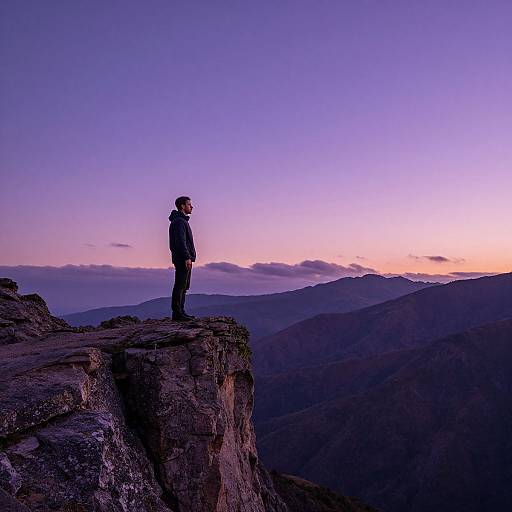 Photograph of a man in a black jacket standing on a rocky mountain cliff at sunset, silhouetted against a purple and pink sky.