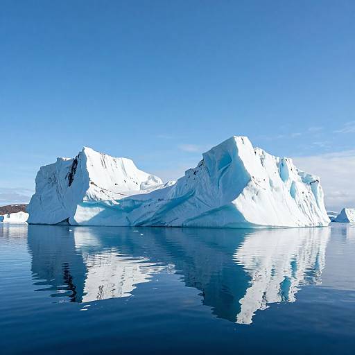 Photograph of two large, white icebergs floating on calm, blue water with clear reflections, under a bright blue sky.