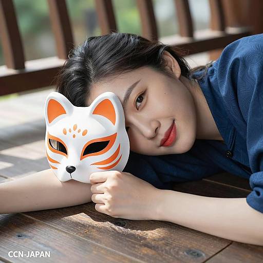 Asian Woman with Fox Mask in Sunlight