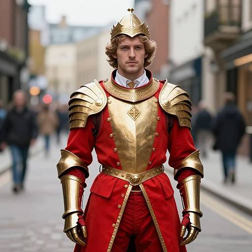 Photograph of a bearded man with wavy hair, wearing gold armor and red medieval knight attire, standing in a blurred urban street.