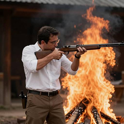 Man Aiming Rifle in Blaze