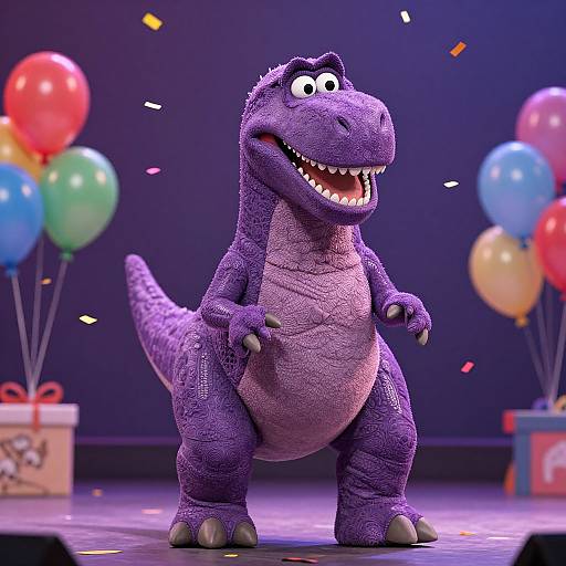 Digital CGI image of a happy, cartoonish purple T-Rex with a textured skin, standing on a stage with colorful balloons and gift boxes, celebrating