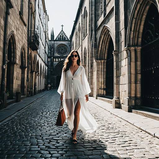 Woman Walking in European Alleyway in White Dress