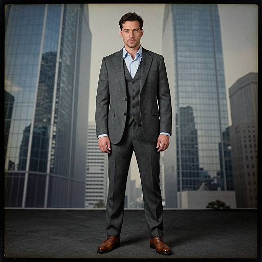 Photograph of a serious, handsome man in a dark pinstripe suit, white shirt, blue tie, brown shoes, standing against a cityscape