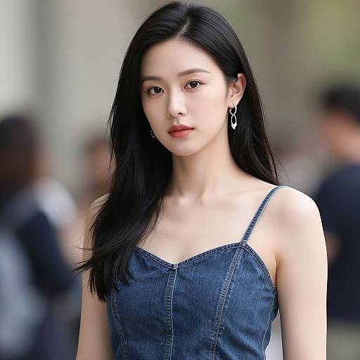 Photograph of an Asian woman with long black hair, wearing a blue denim sundress, silver earrings, and natural makeup, standing outdoors with a blurred
