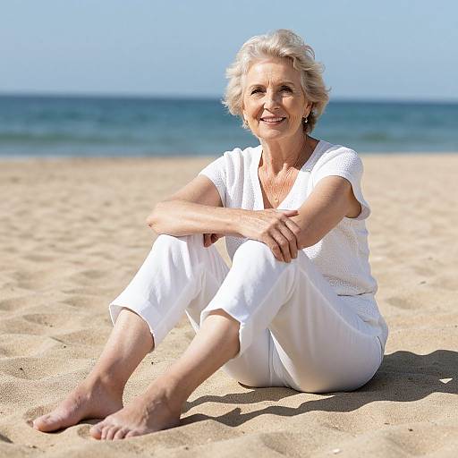 Photograph of an elderly white woman with short blonde hair, wearing a white outfit, sitting barefoot on a sandy beach, smiling, with the ocean