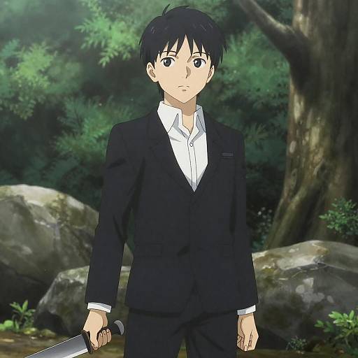 Anime Character in Forest with Knife