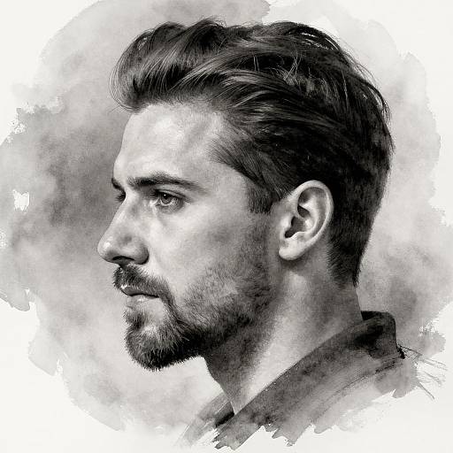 Monochrome digital portrait of a bearded man with dark, wavy hair, gazing to the left. Detailed shading highlights his strong profile and textured