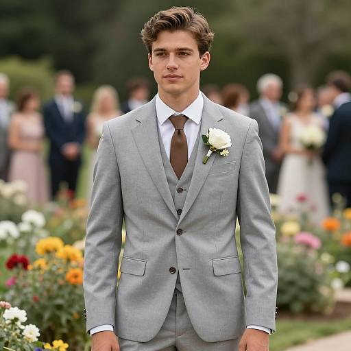 Young Man in Light Gray Suit at Garden Wedding