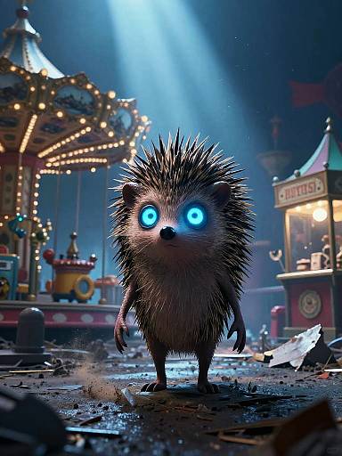 CGI image of a glowing-eyed, spiky hedgehog standing in a dark, illuminated carnival at night with a carousel and food stall in the background