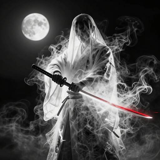 Ghostly figure in white, holding glowing red sword, with smoke swirling, stands against a dark night sky with a full moon. Digital art.