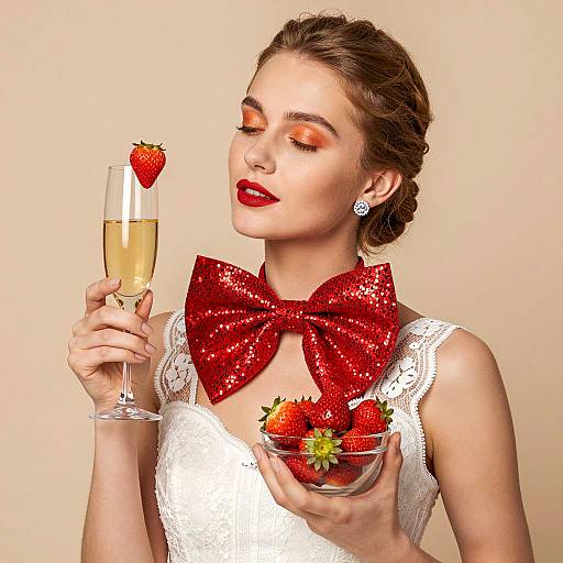 Elegant Woman with Red Accents and Strawberries