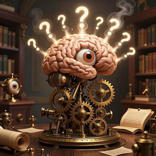 Digital art: Steampunk brain clock with gears, glowing question marks, and a single eye, set in a dim library with books.