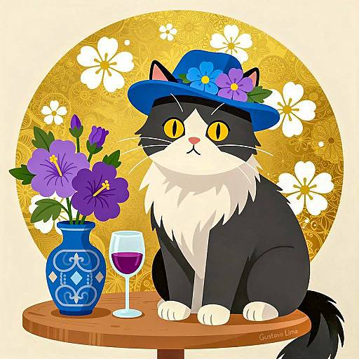Charming Cat Illustration with Floral Accents