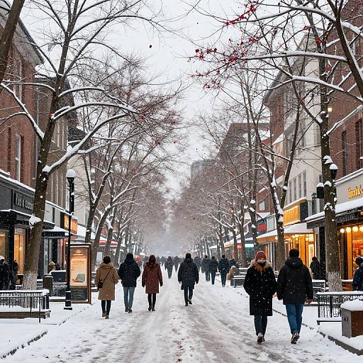 Photograph of a snowy urban street with leafless trees, people in winter coats walking, storefronts with lit signs, and snow-covered ground.