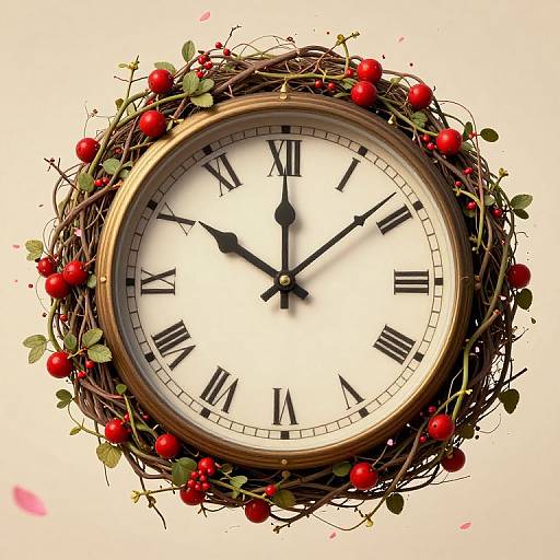 Photograph of a round, vintage clock with black Roman numerals, black hands, and a golden frame, adorned with red cherries and green leaves