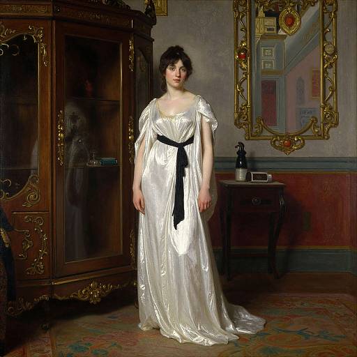 Photograph of a pale-skinned woman with dark curly hair in a shimmering white gown with black belt, standing in an ornately decorated room with