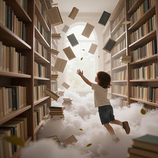 Digital illustration of a child with curly hair in a white shirt and blue shorts, jumping through a library of floating books amidst clouds, towards a bright,