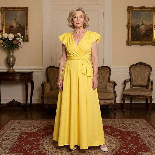 Photograph of an elderly woman with short, wavy gray hair, wearing a bright yellow, V-neck, knee-length dress, standing in an elegant