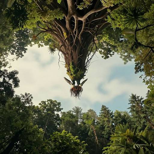 Photograph of a massive tree with dense, green foliage, viewed from below, showing its thick trunk and branches against a bright, partly cloudy sky.