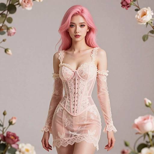 Digital artwork of a fair-skinned woman with pink hair, wearing a delicate, lace, pink corset and sheer skirt, framed by blooming roses