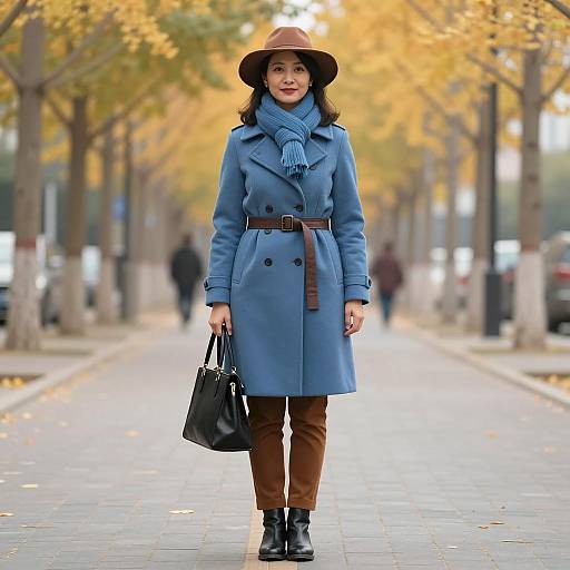 Woman Standing on Autumn Path in Blue Coat