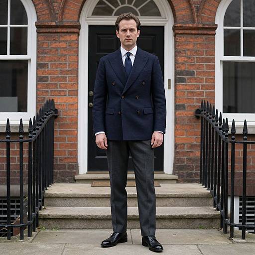 Photograph of a serious white man in a black double-breasted suit, white shirt, black tie, and black shoes, standing on brick steps in