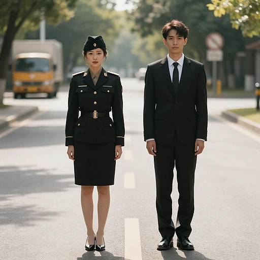 Couple in Military Style on Empty Road