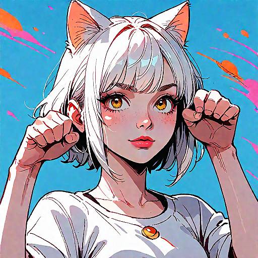 Anime Girl with Cat Ears and Paw Pose