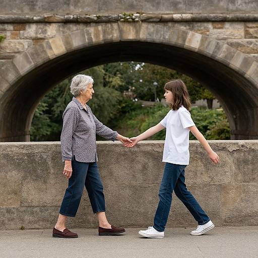 Photograph of an elderly woman with short gray hair and patterned shirt, holding hands with a younger woman in a white t-shirt and jeans, walking
