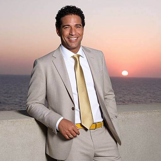 Photograph of a smiling man with dark curly hair, wearing a light gray suit, white shirt, and gold tie, leaning against a concrete wall at