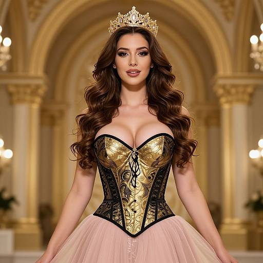 Photograph of a beautiful woman with long brown hair, wearing a gold and black corset, pink tulle skirt, and gold tiara, walking