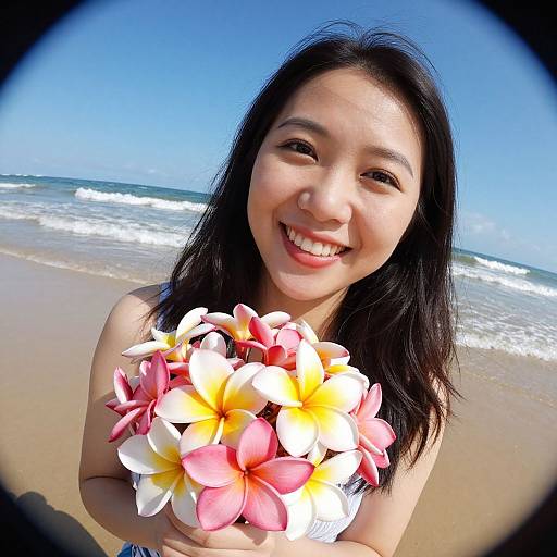 Photograph of a smiling Asian woman with long black hair, holding a bouquet of pink and yellow plumeria flowers on a sunny beach with blue sky