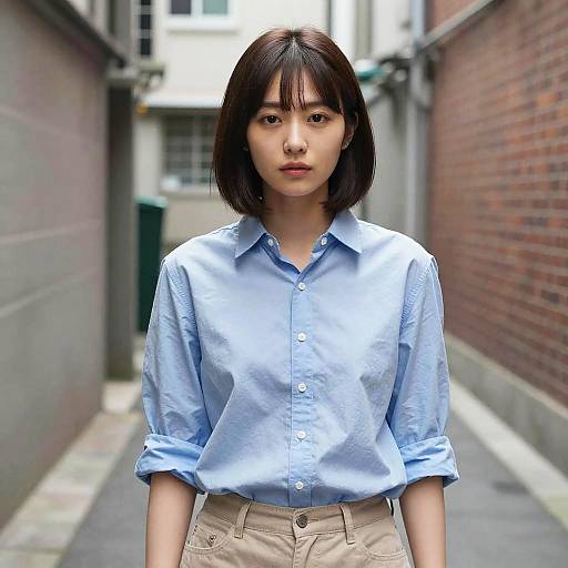 Photograph of an East Asian woman with short black hair, wearing a light blue button-up shirt and beige pants, standing in a narrow urban alleyway