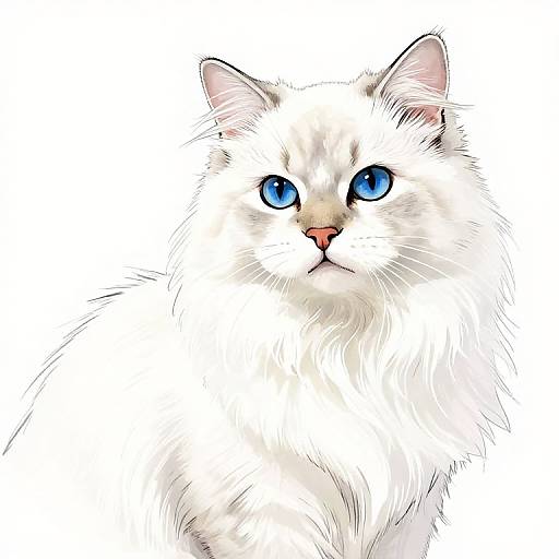 Digital illustration of a fluffy, white Persian cat with striking blue eyes and a pink nose, staring intently against a plain white background.