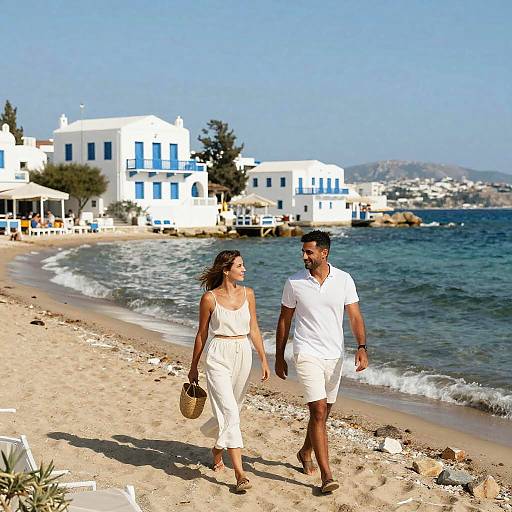 Couple walking on sunny beach with white-washed buildings and blue accents in background; woman in white pants, man in white shorts, holding basket.