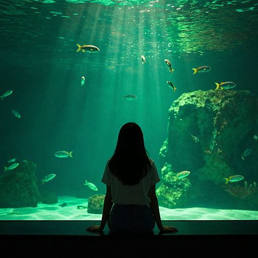 Woman Sitting by Large Aquarium