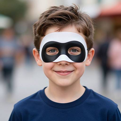 Photograph of a young boy with short brown hair, blue eyes, and fair skin, wearing a black and white mask, smiling, in a blurred