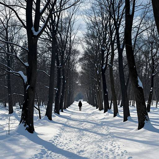 Photograph of a snowy forest path with bare trees, bright sunlight, and a lone person walking in the distance.