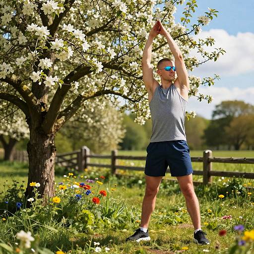 Photograph of a man in a gray tank top and blue shorts, stretching under a blossoming tree in a sunny meadow with colorful wildflowers and