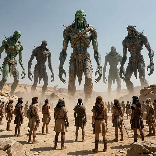 Photorealistic CGI: Desert battle scene with muscular, green-skinned, horned monsters towering over small, armed warriors in beige tunics, dust