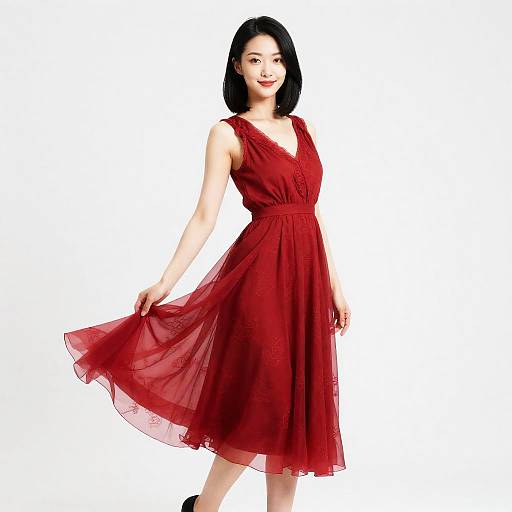 Petite Woman in Flowing Red Dress