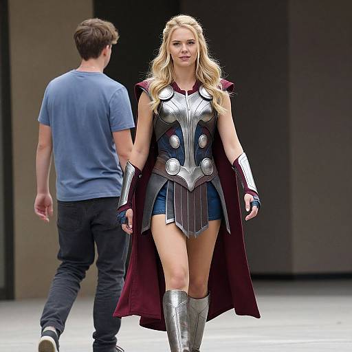 Blonde woman in silver armor and red cape strides confidently on runway, flanked by man in blue shirt and black pants. Photograph.