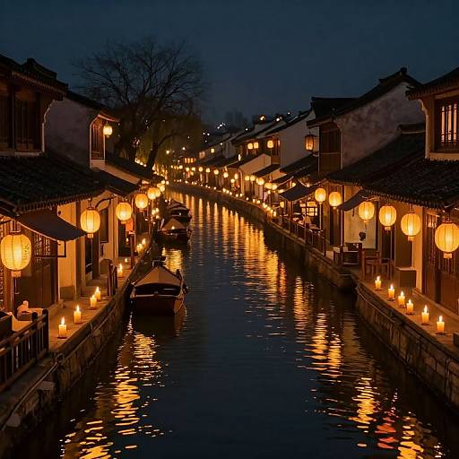 Night photograph of a glowing, lantern-lit canal in a traditional Japanese town, with reflections on the water and illuminated buildings on both sides.