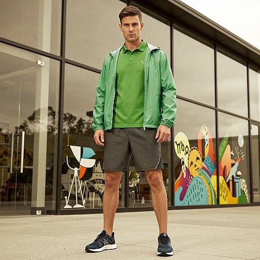 Photograph of a fit, brown-haired man in green jacket, green shirt, black shorts, and black sneakers, standing in front of a modern glass