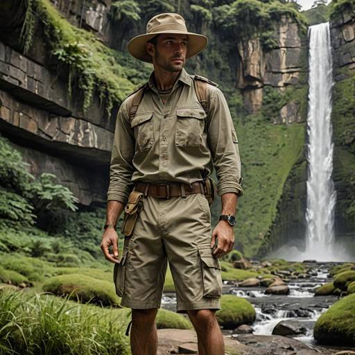 Athletic Man in Safari Outfit by Waterfall
