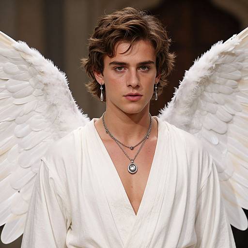 Photograph of a young, white male with wavy brown hair, wearing a white V-neck robe and white feathered wings, silver earrings, and