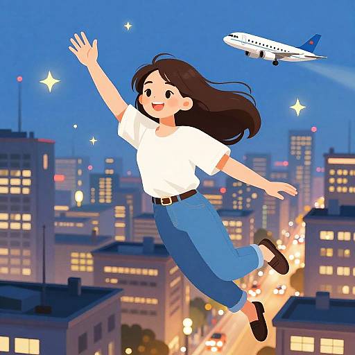 Vibrant Cartoon Woman Flying Over City
