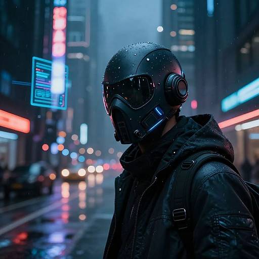 Cyberpunk City with Masked Figure