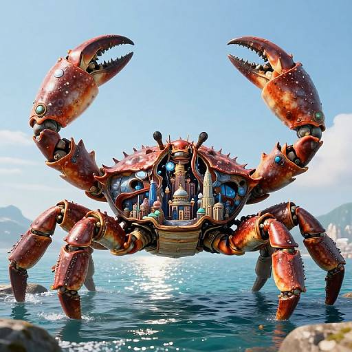Digital art of a massive, red, mechanical crab with intricate cityscape inside its shell, standing in a sunlit, clear blue ocean.